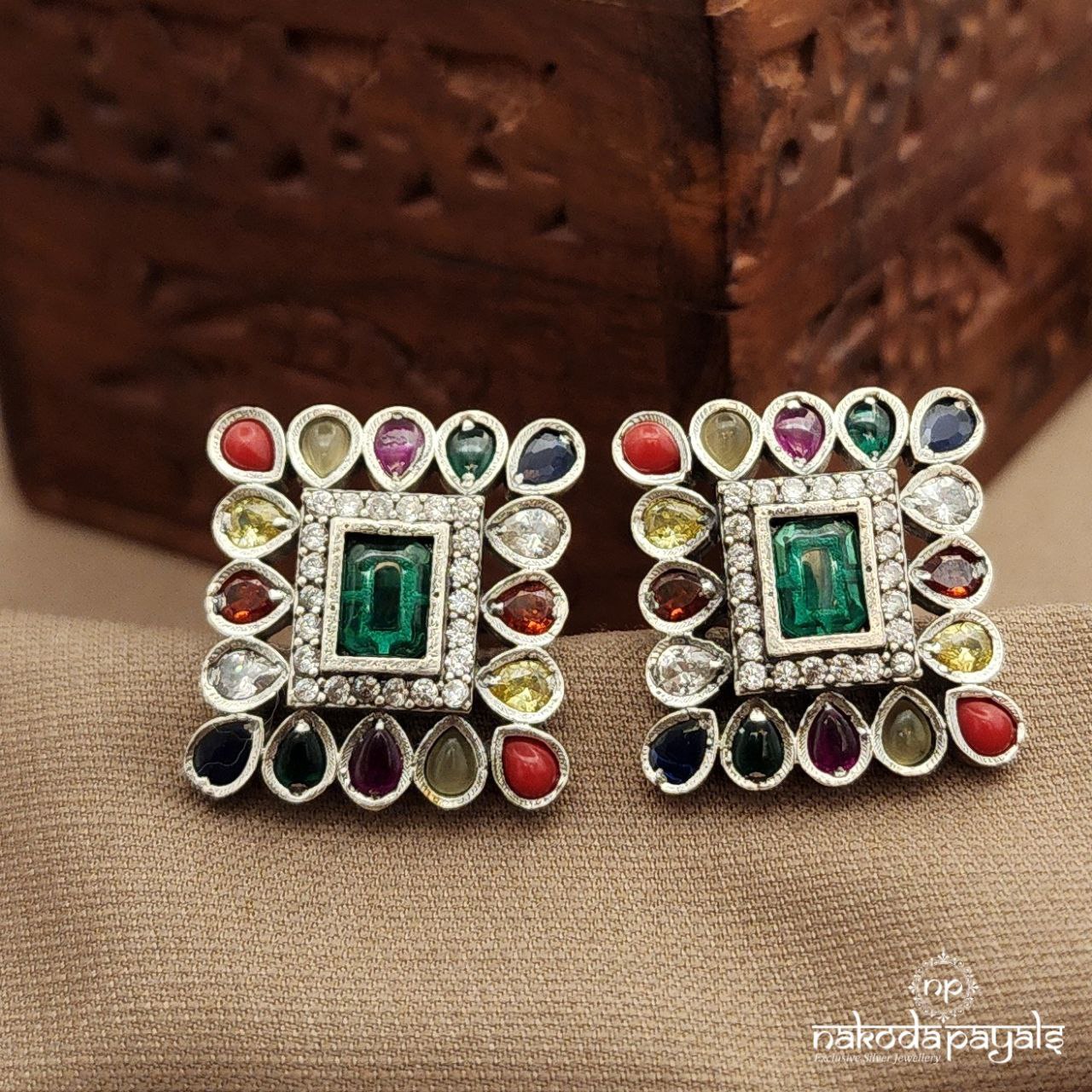 Navaratna Drop Green  Studs (S3801)