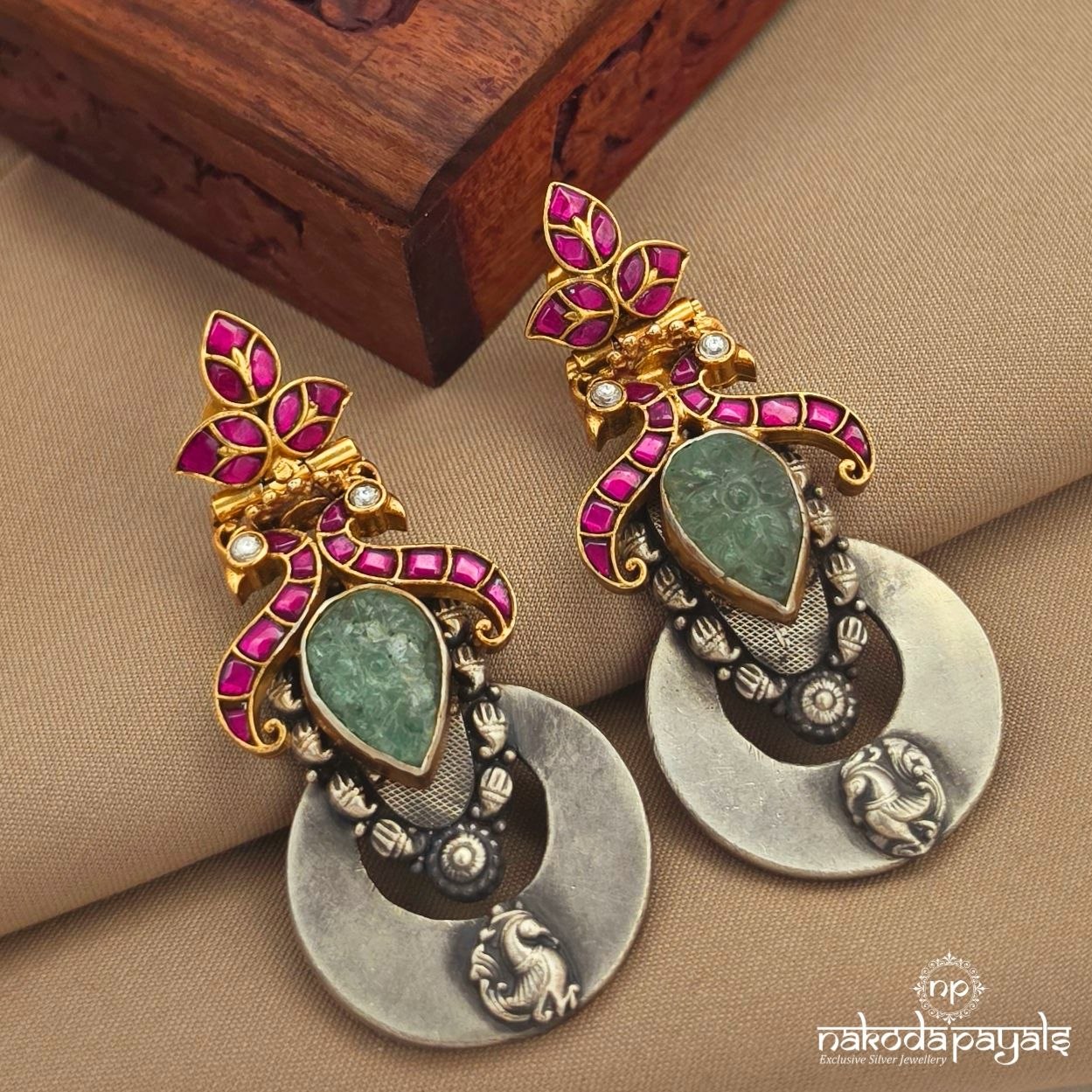 Pink Kundan Peacock Dual Tone Earrings (C4110)