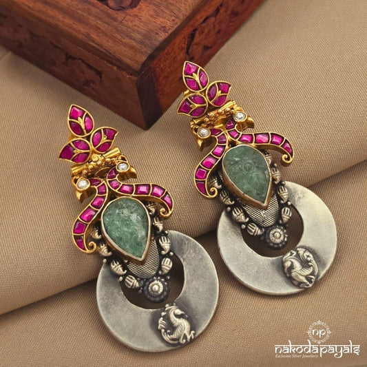 Pink Kundan Peacock Dual Tone Earrings (C4110)