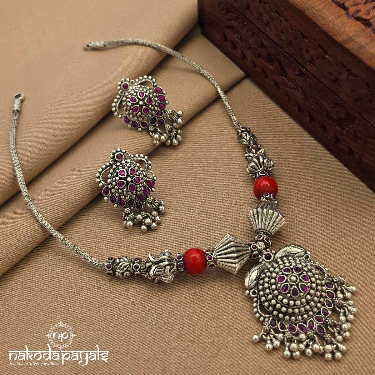 Coral Pinkish Neckpiece With Earring (N12153)