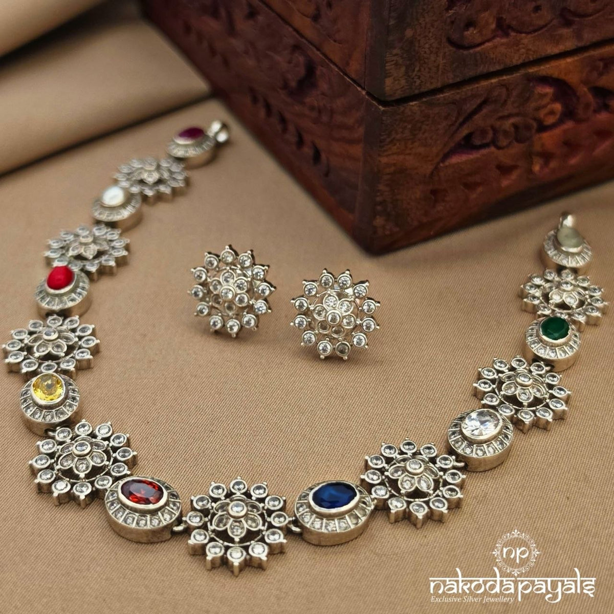 Navaratna Floral Neckpiece With Earring (N12159)