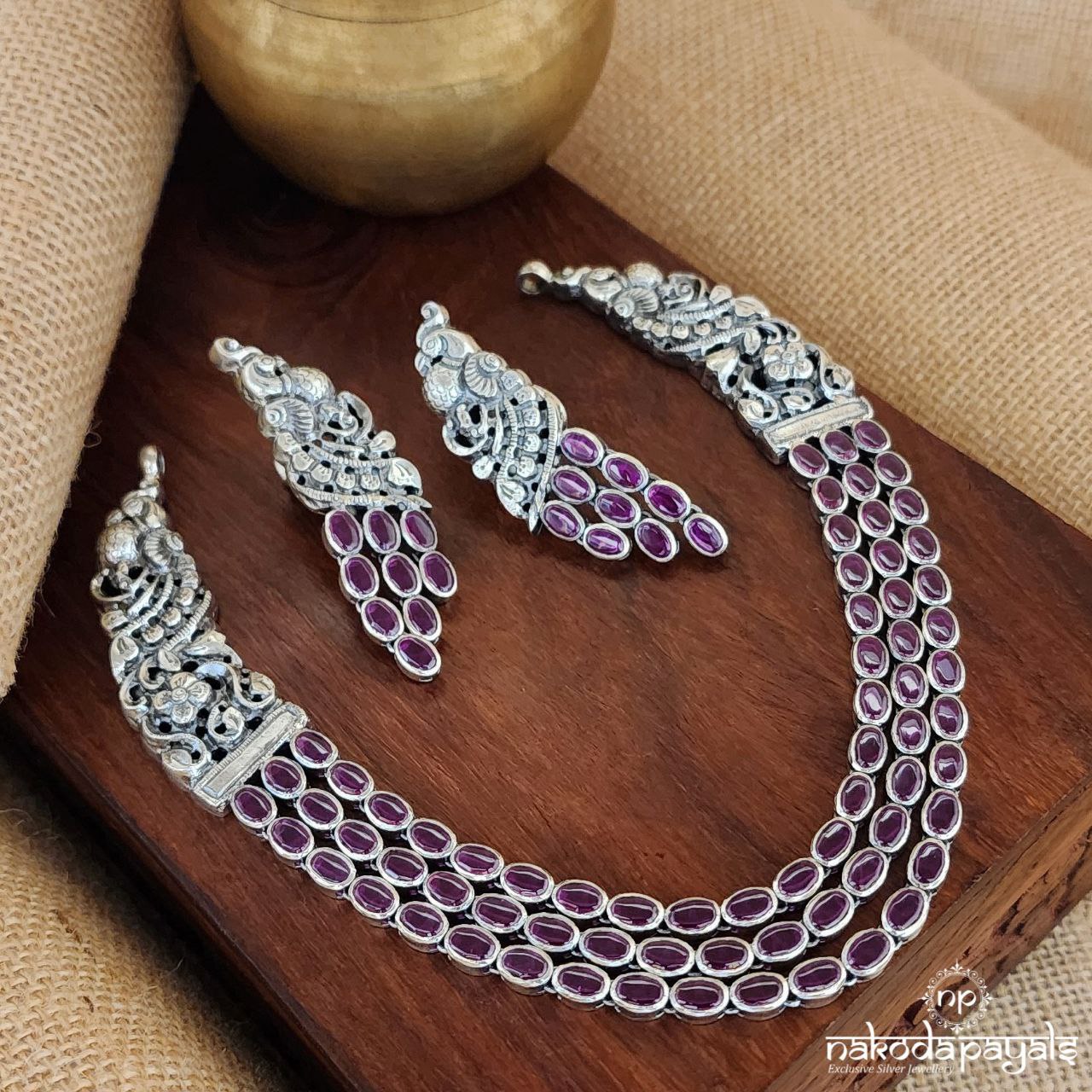 Pinkish Floral Neckpiece With Earrings (N10325)