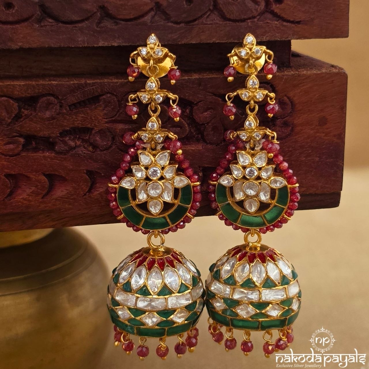 Greenish Floral Pink Drop Jhumka (Ge11171)