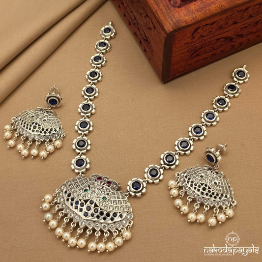 Blueish Twin Peacock Neckpiece With Earrings (N11841)