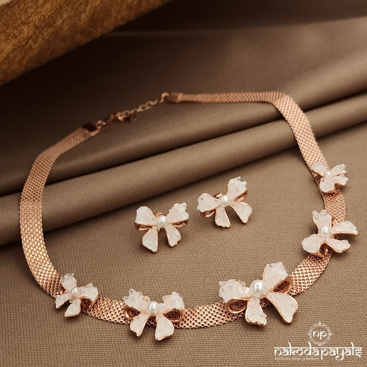 Rose Gold Pinkish Bow Neckpiece With Earrings (St3826)