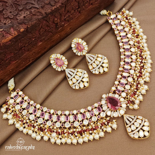 Pink Moissanite Neckpiece With Earrings (Gn9958)