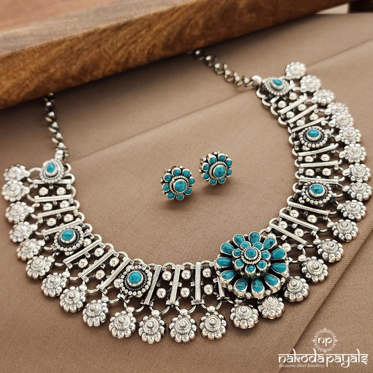 Awesome Floral Torquois Neckpiece With Earrings (N11016)