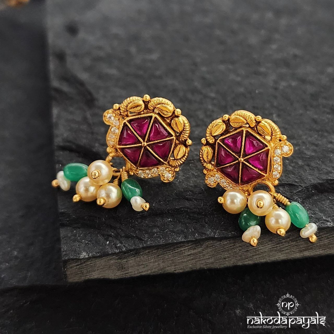 Hexagon Pink Green Drop Studs (Ge8844)