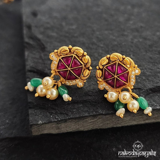 Hexagon Pink Green Drop Studs (Ge8844)