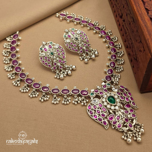 Pinkish Twin Peacock Neckpiece With Earrings (N11840)