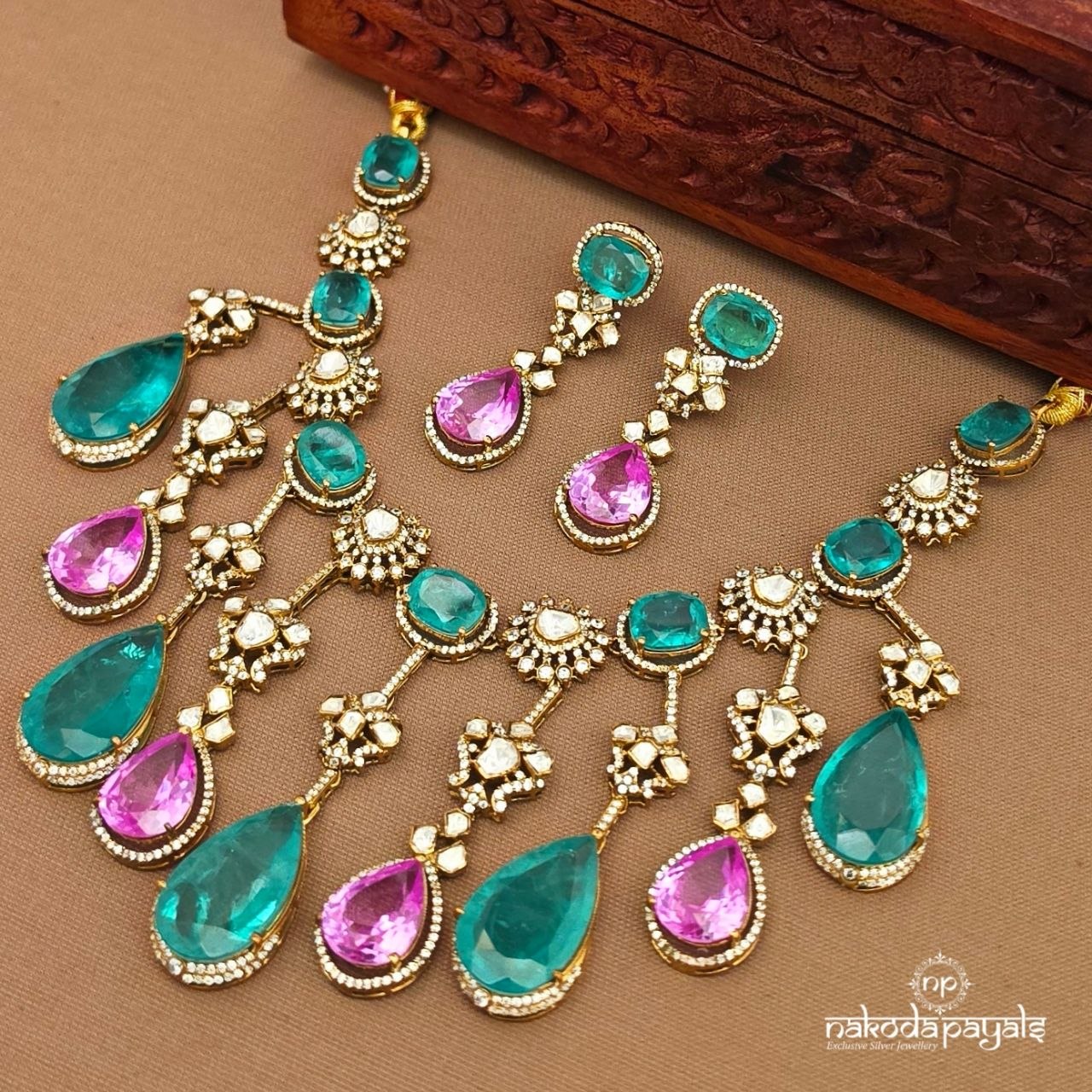 Drops Moissanite Neckpiece With Earrings (Gn10047)