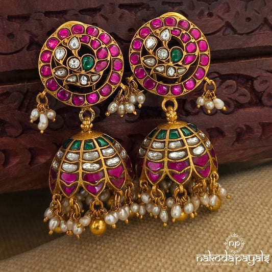 Pink Peacock Pearly Jhumka (Ge11091)