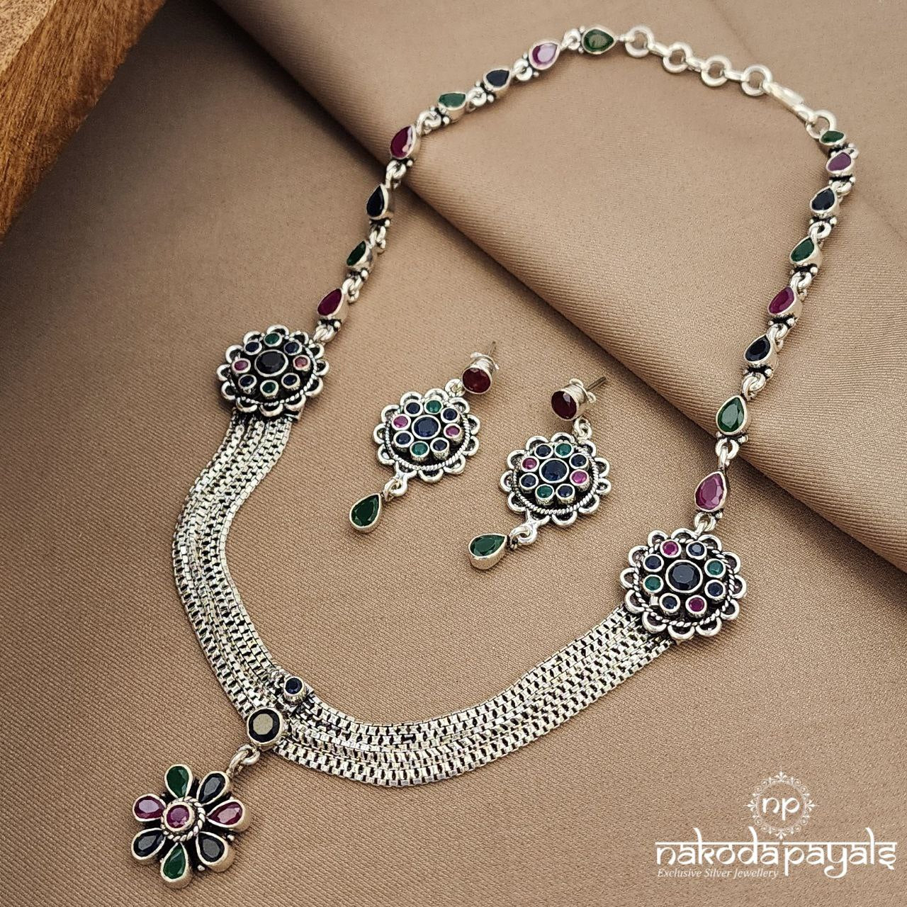 Traditional MultiColor Neckpiece With Earrings (N11051)