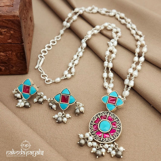 Turquoise Pearled Neckpiece With Earrings (N11259)
