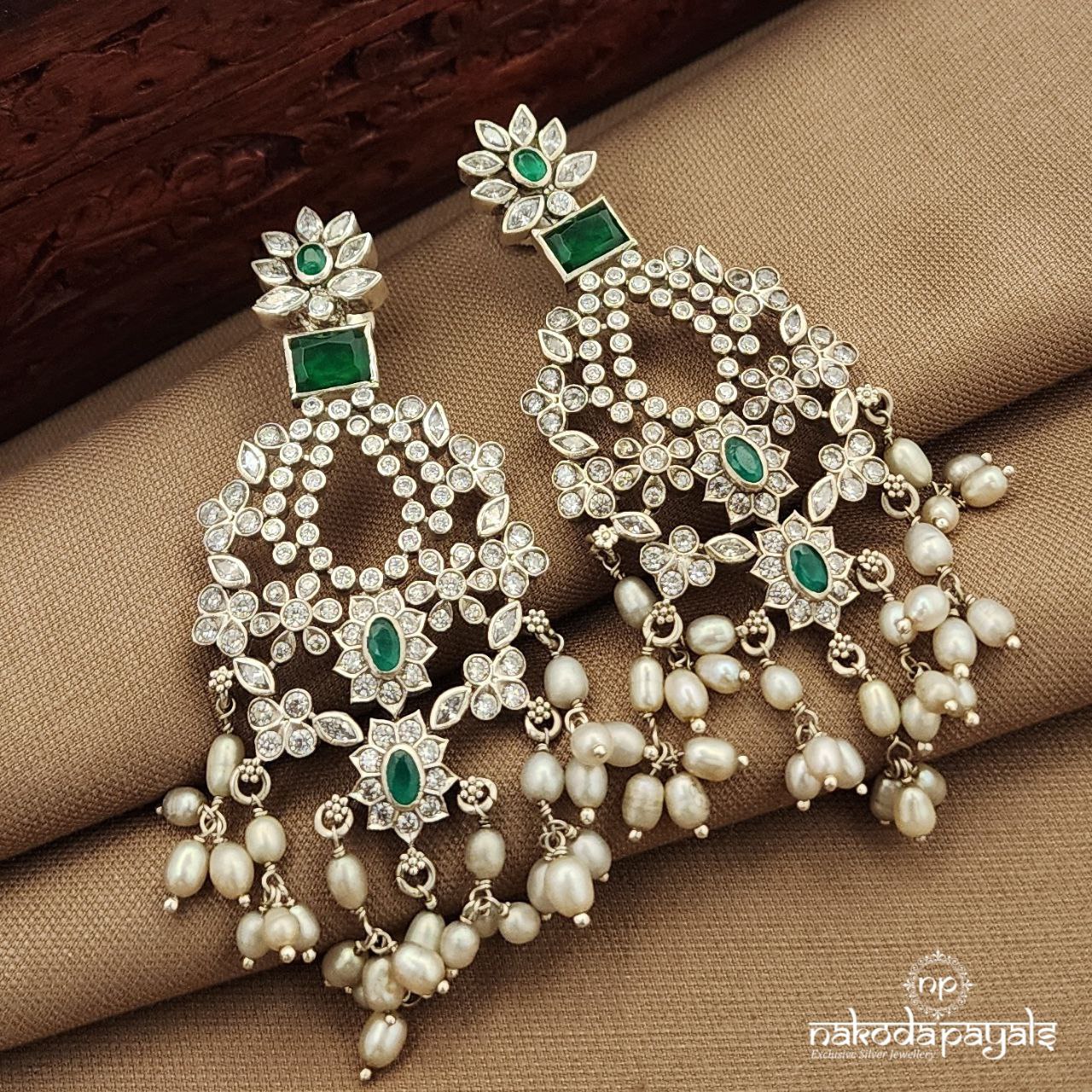 Floral Pearled Green Earrings (C3921)