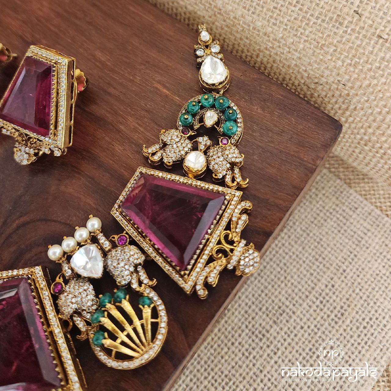 Ruby Twin Peacock Moissanite Neckpiece With Earrings (Gn8456)