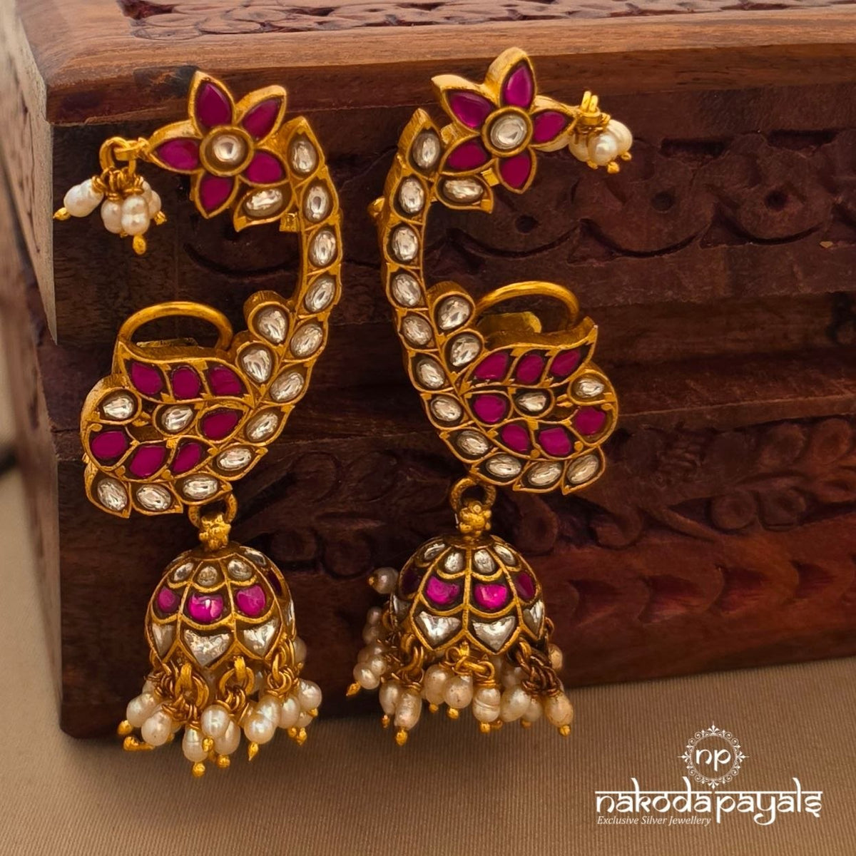 Pink Peacock Floral Earcuff Jhumka (Ge11495)