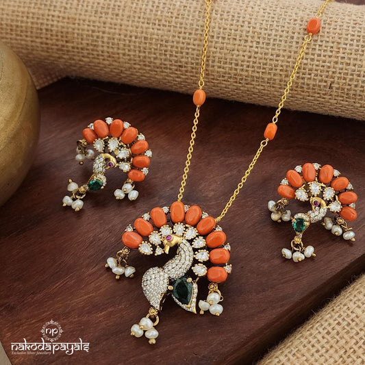 Coral Peacock Neckpiece With Earrings (Gn8969)