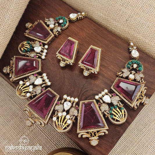 Ruby Twin Peacock Moissanite Neckpiece With Earrings (Gn8456)