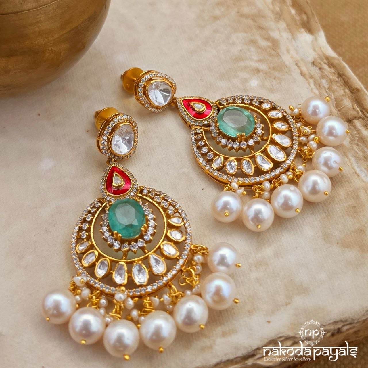 Exclusive Green Dot Pearls Chandbali (Ge11172)