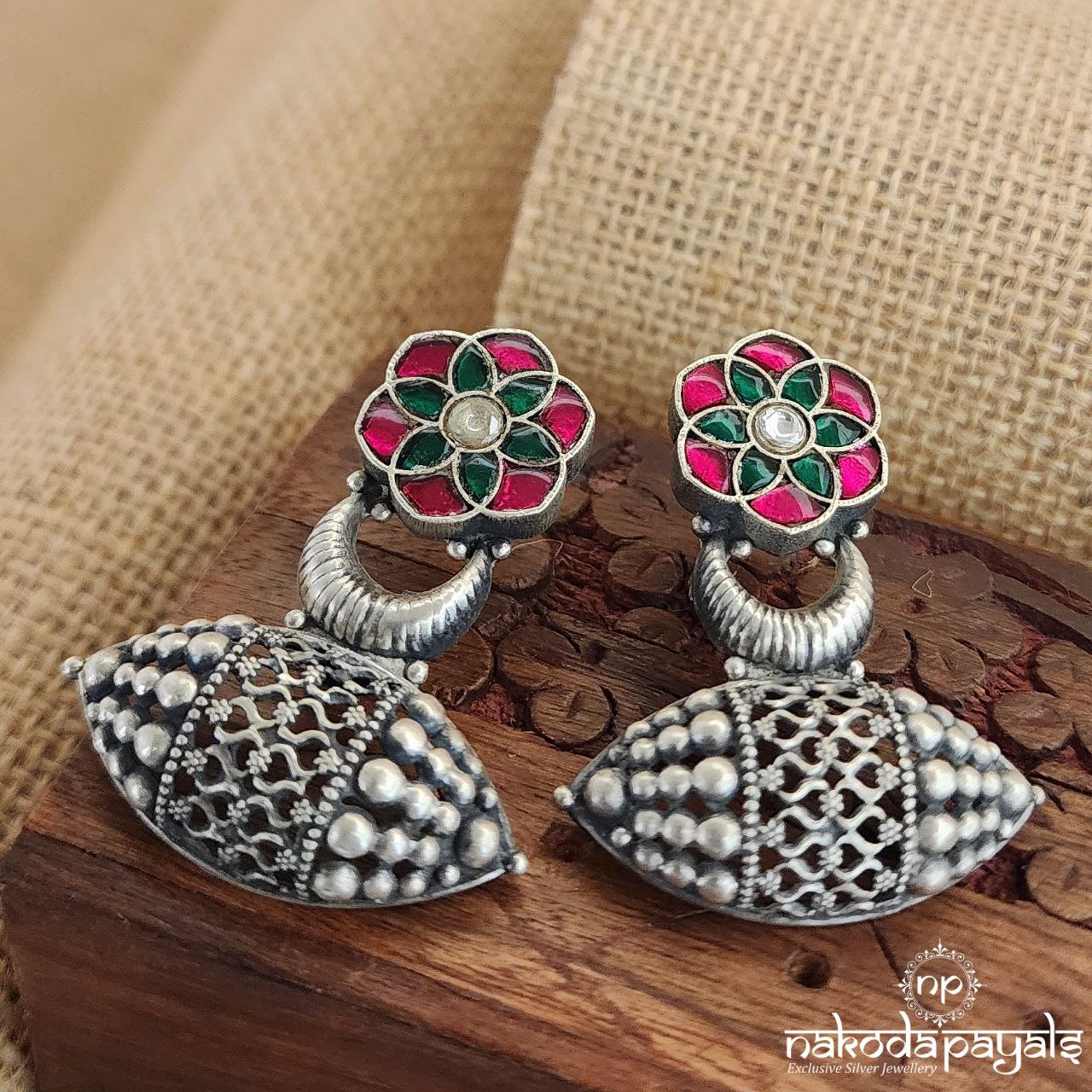 Pink & Green Flower Oxidised Chandbali (C8145)