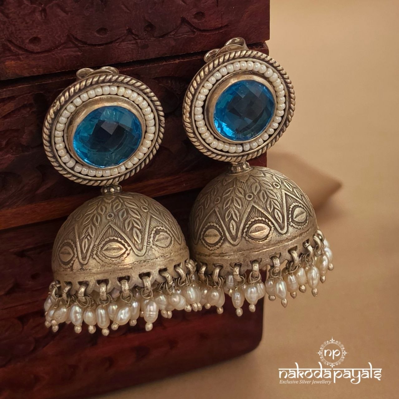 Bluish Pearled Drop Jhumka (J1642)