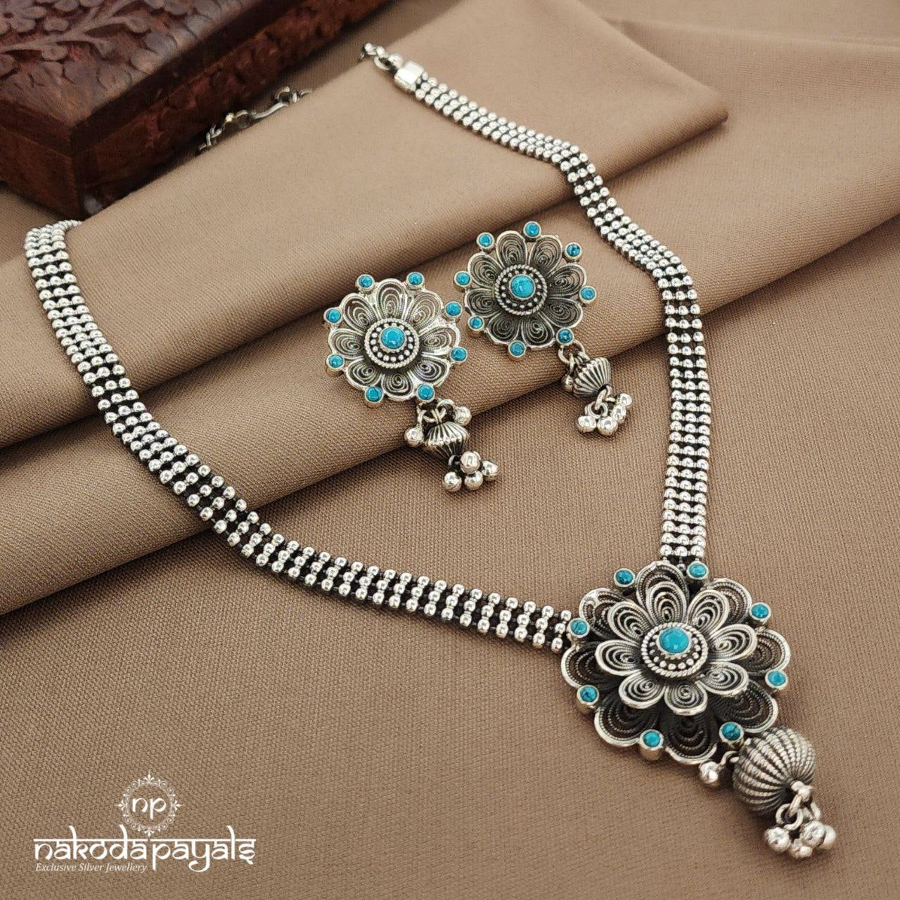 Floral Turquoise Neckpiece With Earrings (N11451)