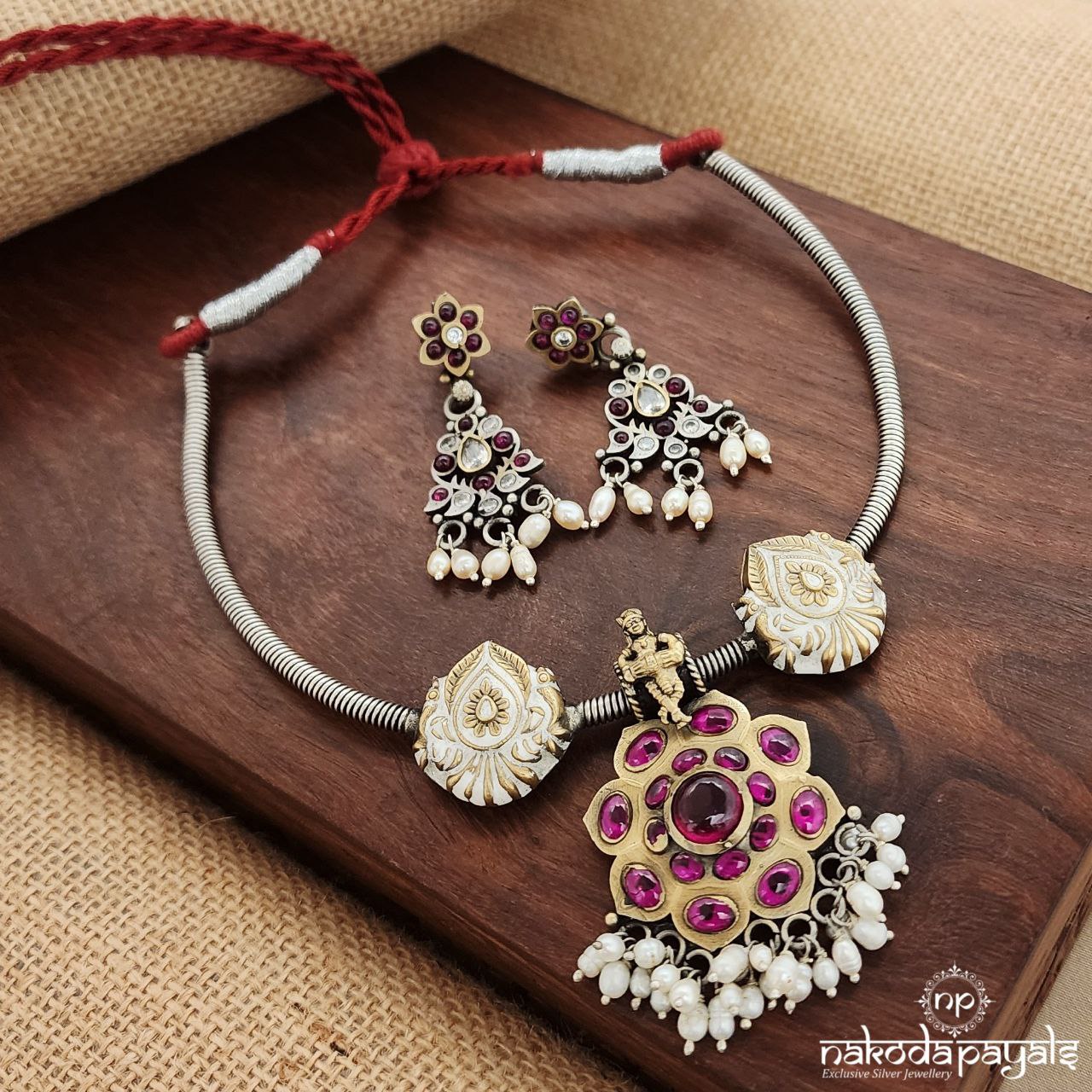 Tribal Pink Neckpiece With Earrings (N10904)