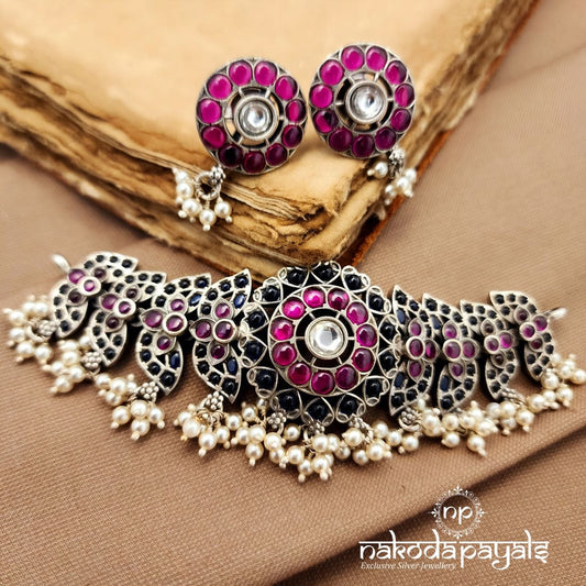 Hearty Bluish Choker With Earring (N11671)