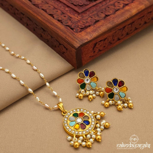 Navaratna Pearly Neckpiece With Earrings (Gn10215)