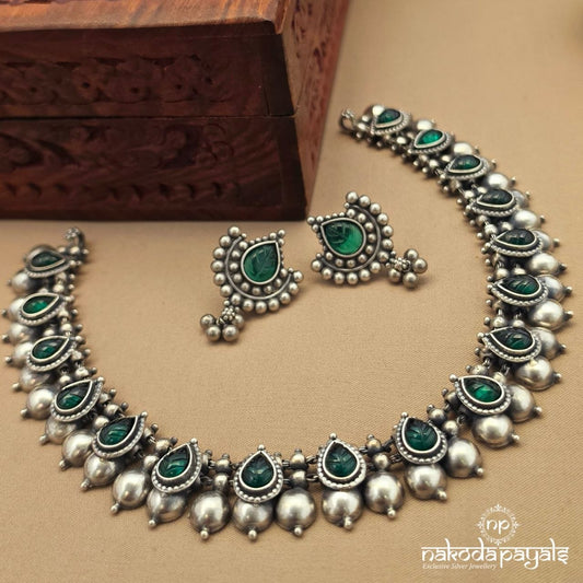Greenish Ball Drop Neckpiece With Earring (N12122)