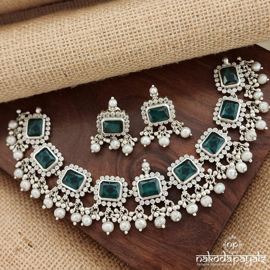 Rectangular Emerald Green Choker With Earrings (N10843)