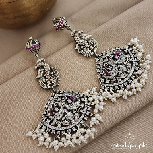 Twin Peacock Pearled Drop Earrings (C3539)