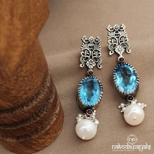 Oval Blue Pearled Drop Earrings (C3687)