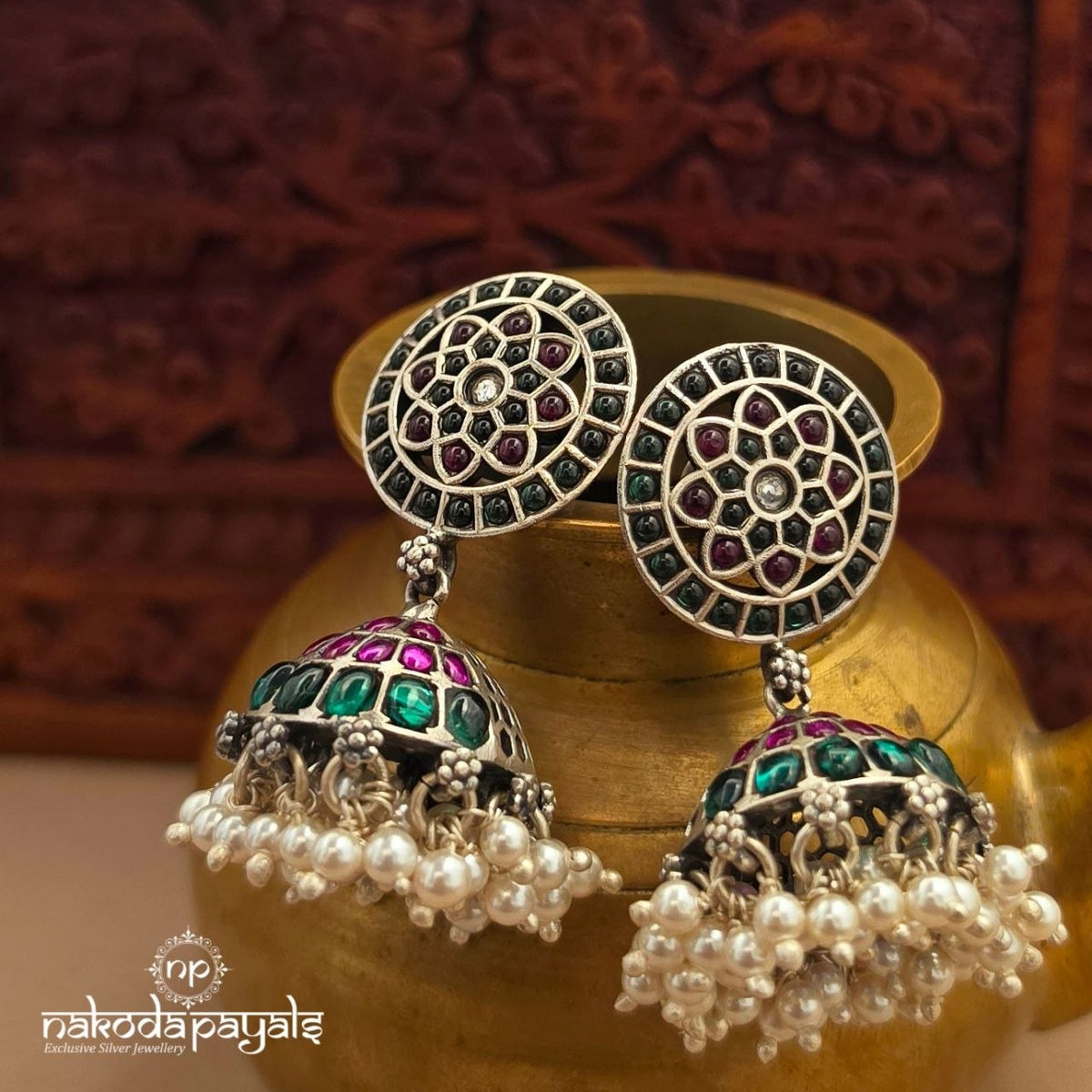 Circular Green Floral Jhumka (J1986)