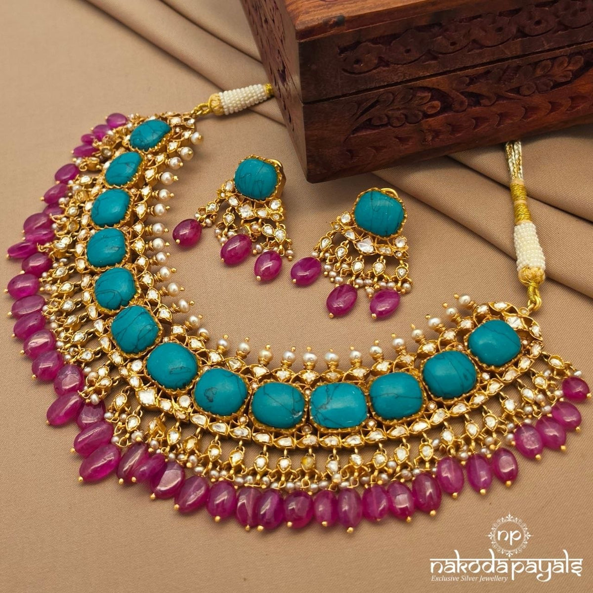 Exclusive Turquoise Pearl Neckpiece With Earrings (Gn10861)