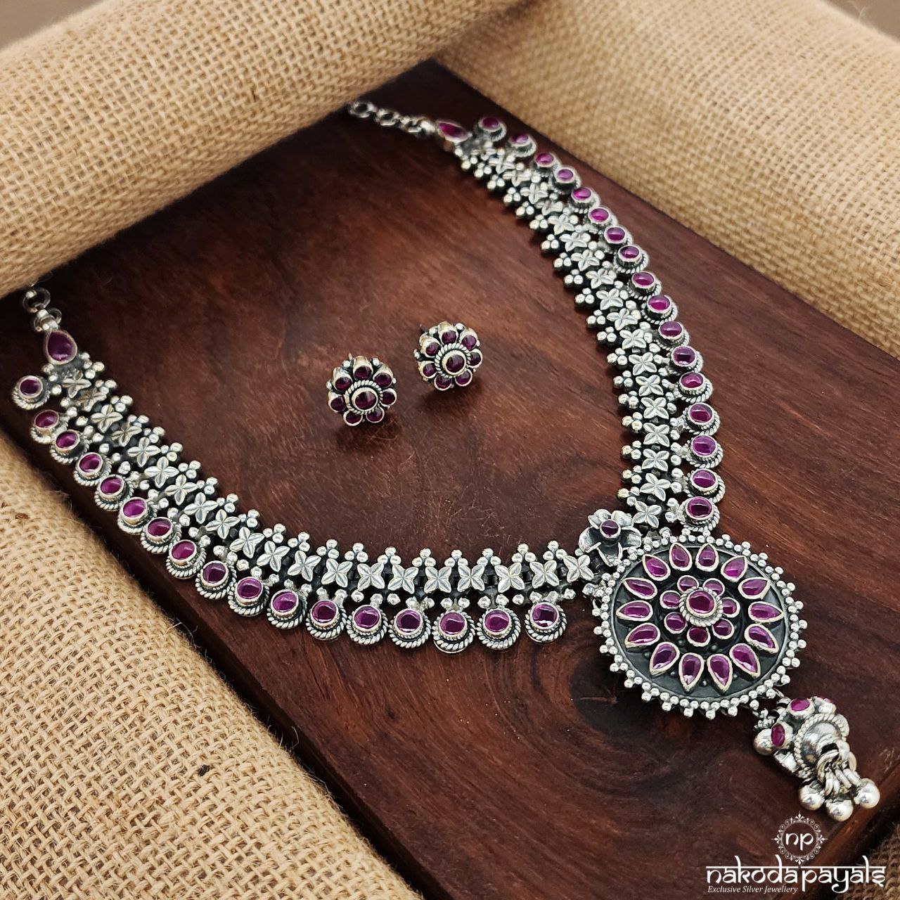 Ball Drop Pink  Neckpiece With Earrings (N10971)