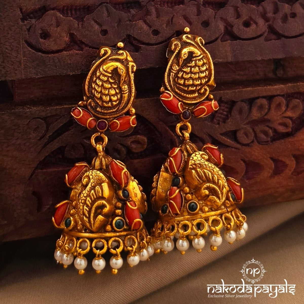 Peacock Mango Coral Jhumka (Ge11326)