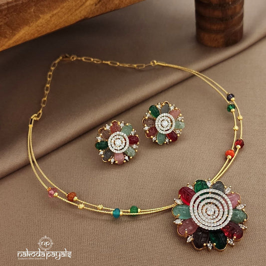 Navaratna CZ Hasli With Earrings (Gn9459)