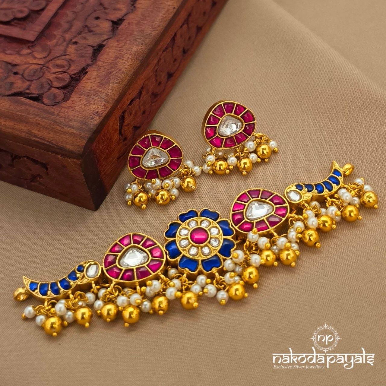 Blue Floral Peacock Choker With Earrings (Gn10367)