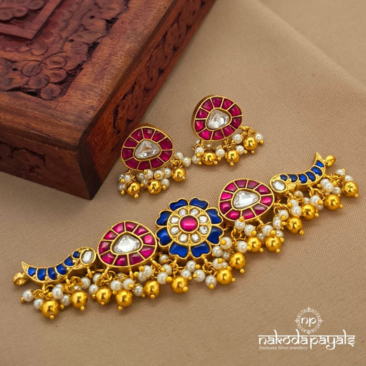 Blue Floral Peacock Choker With Earrings (Gn10367)