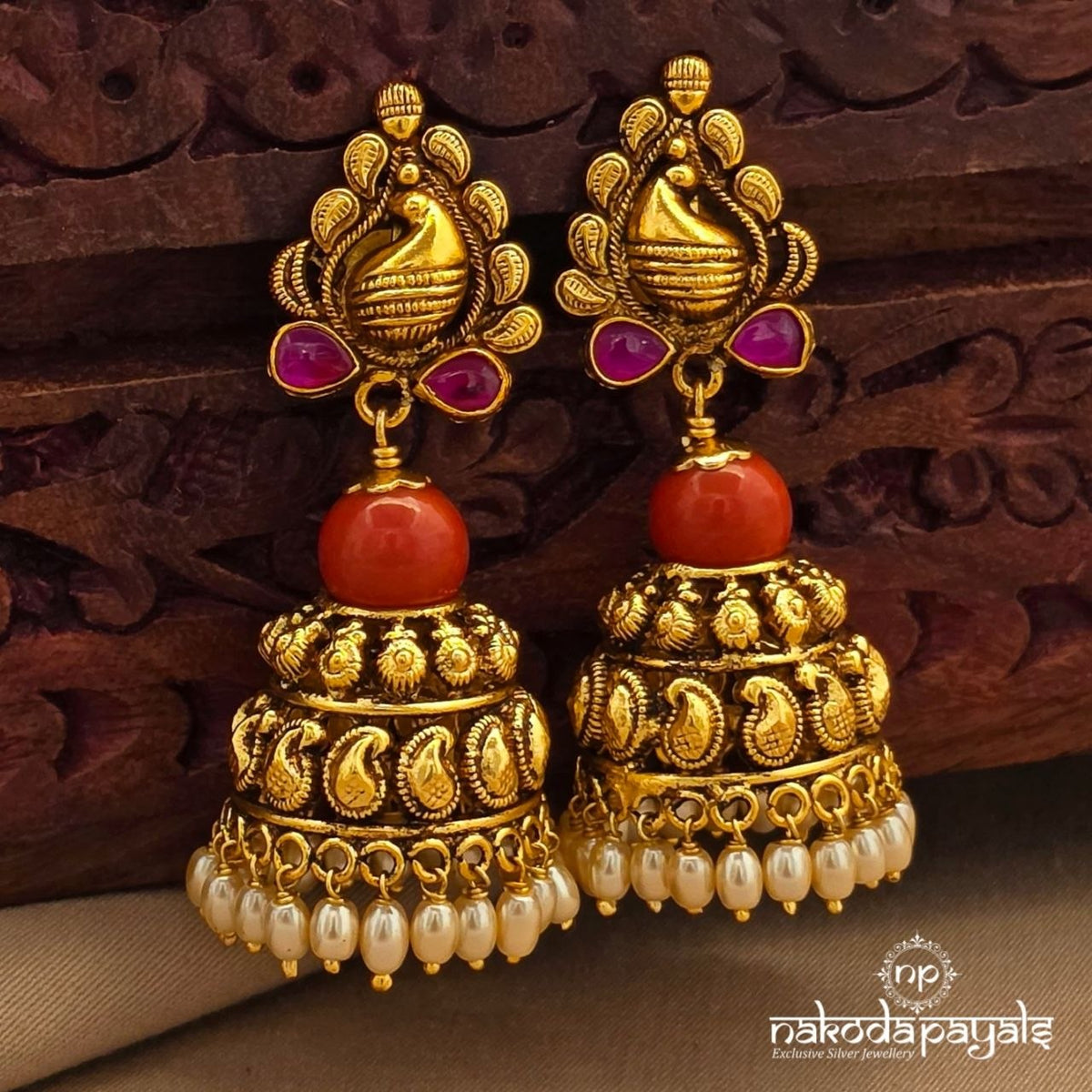 Coral  Mango Pearl Drop Jhumka (Ge11479)
