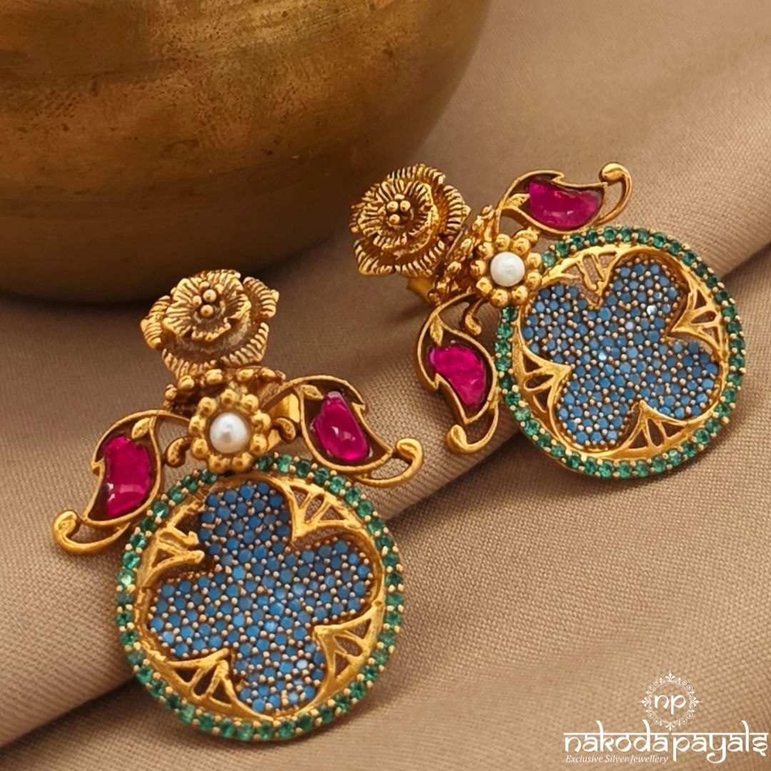 Blue Floral Pearl Studs (Ge11316)