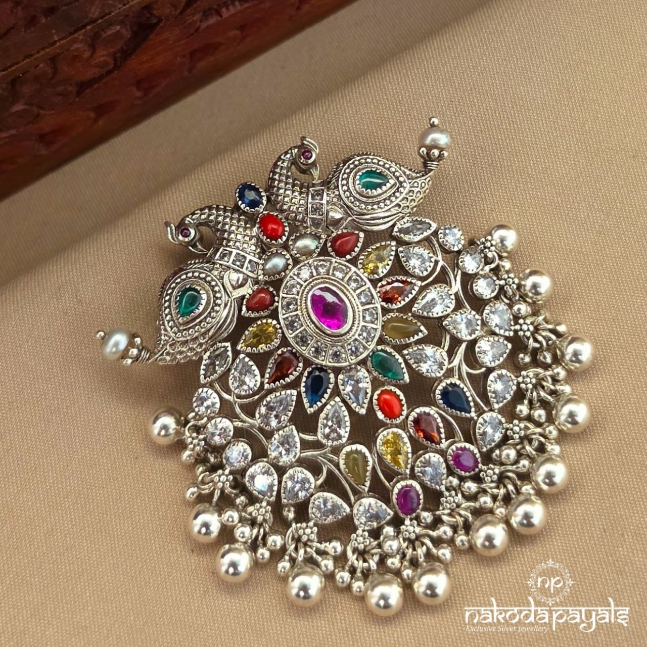 Twin Peacock Navaratna Ball Drop Pendant (P2657)