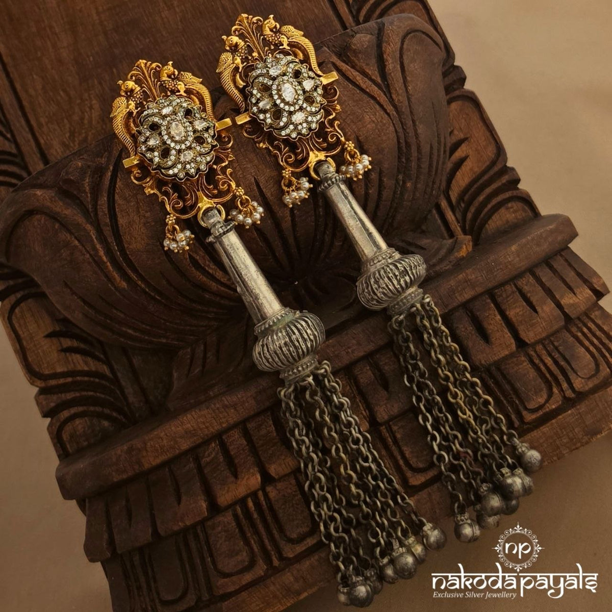Twin Peacock Floral Dual Tone Moissanite Earrings (C4335)