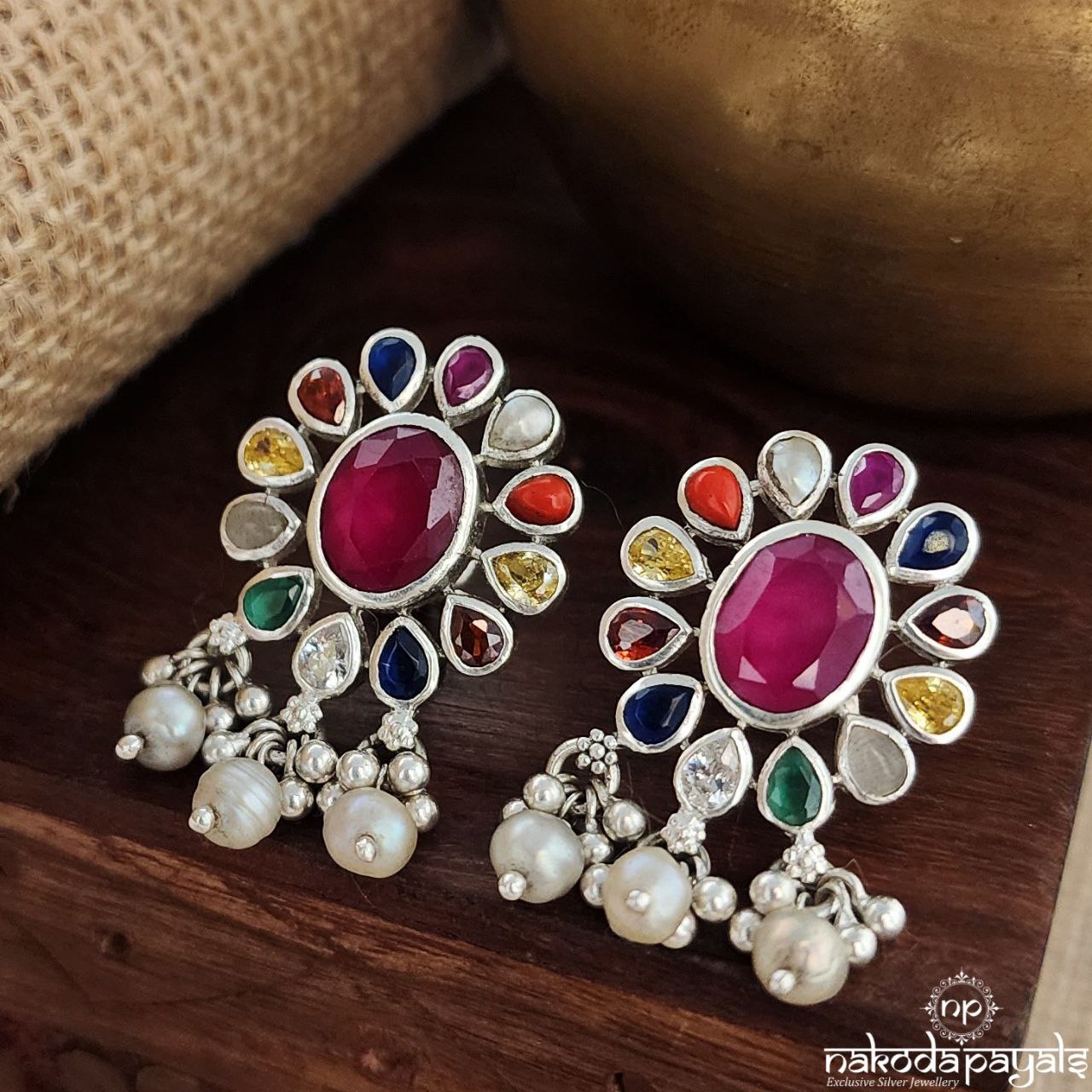 Pearled Drop Navaratna Studs (S3475)