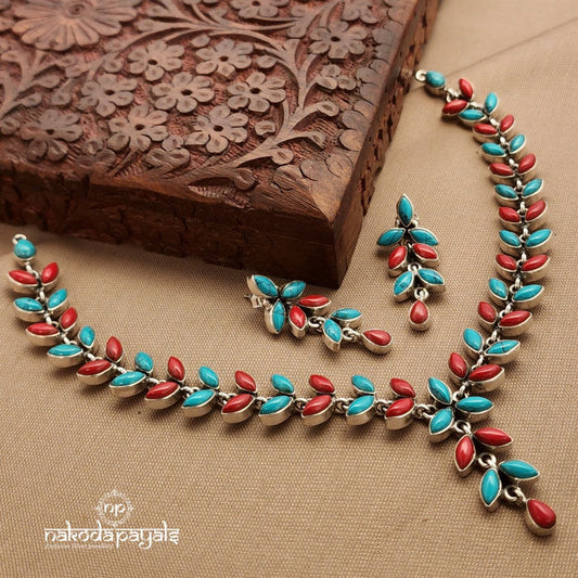 Turquoise & Coral Neckpiece With Earrings (N11287)
