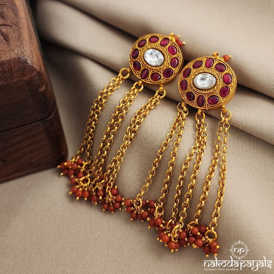 Red Kundan Coral Drops Earrings (Ge8766)