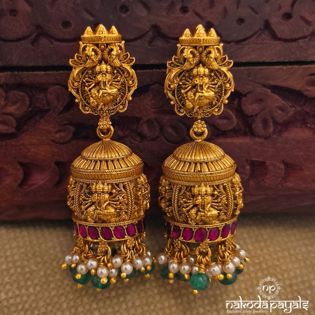 Twin Peacock Lakshmi Pearly Jhumka (Ge11210)