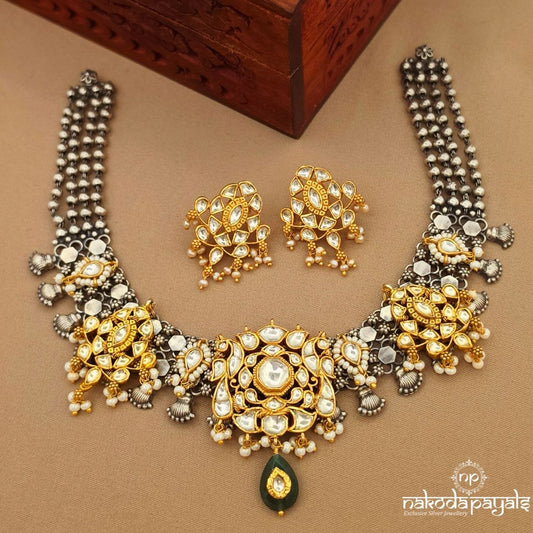 Exquisite Kundan Dual Tone Neckpiece With Earrings (N11926)